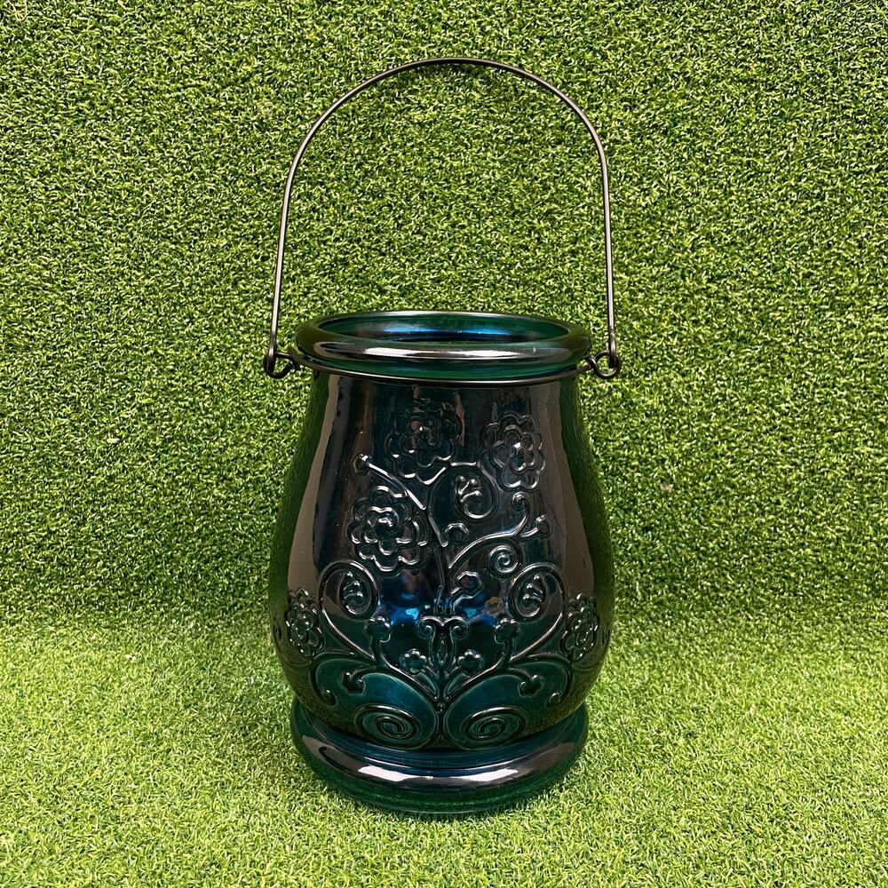 Vintage Teleflora Sapphire Colored Tea Light Glass Lantern